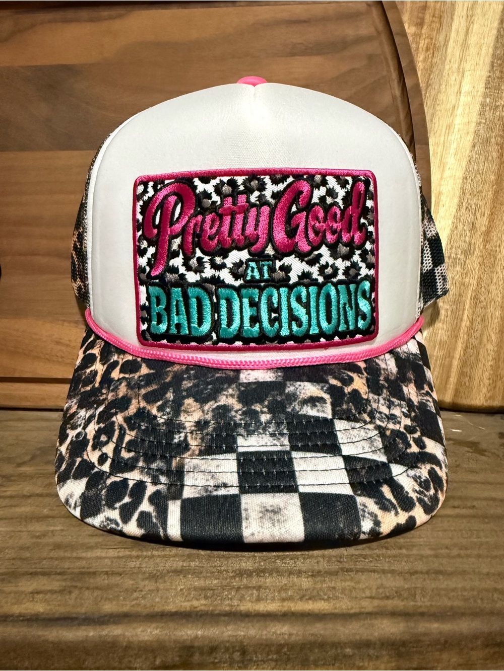 Pretty Geek "Bad Decisions" Patch Trucker Hat - Pink, Teal, White